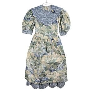 Vintage Sarah Kent Floral Puff Sleeve Dress Peter Pan Collar Cotton Girls 10